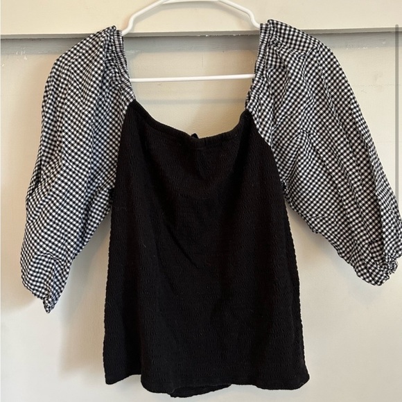 Anthropologie Gingham Puff Sleeve Ruched Top - Picture 2 of 4